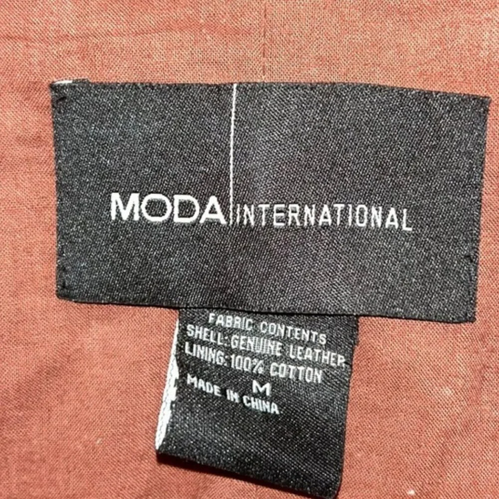 moda international FESTIVAL genuine leather contrast brown cream ruffle jacket M - Picture 2 of 5